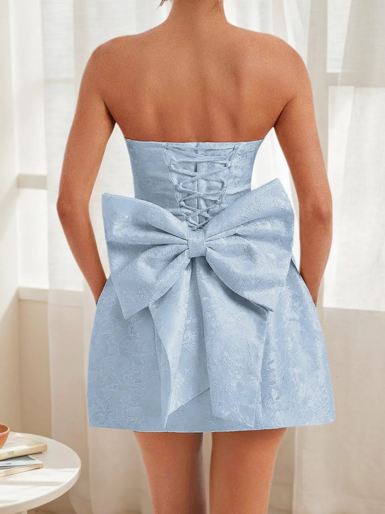 Lace Up Back Mini Dress with Bow Detail-Nordavory