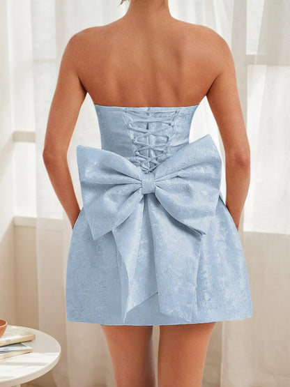 Lace Up Back Mini Dress with Bow Detail-Nordavory