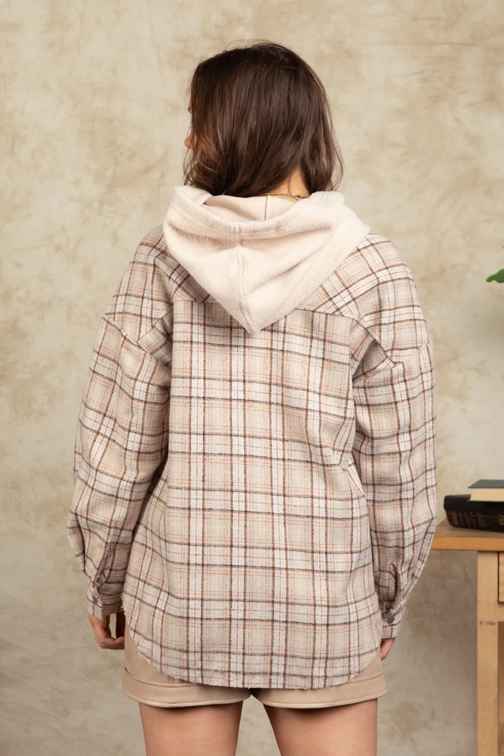 Drawstring Plaid Long Sleeve Hooded Jacket-Nordavory