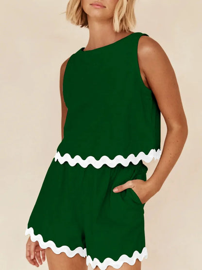 Contrast Trim Round Neck Tank and Shorts Set-Nordavory