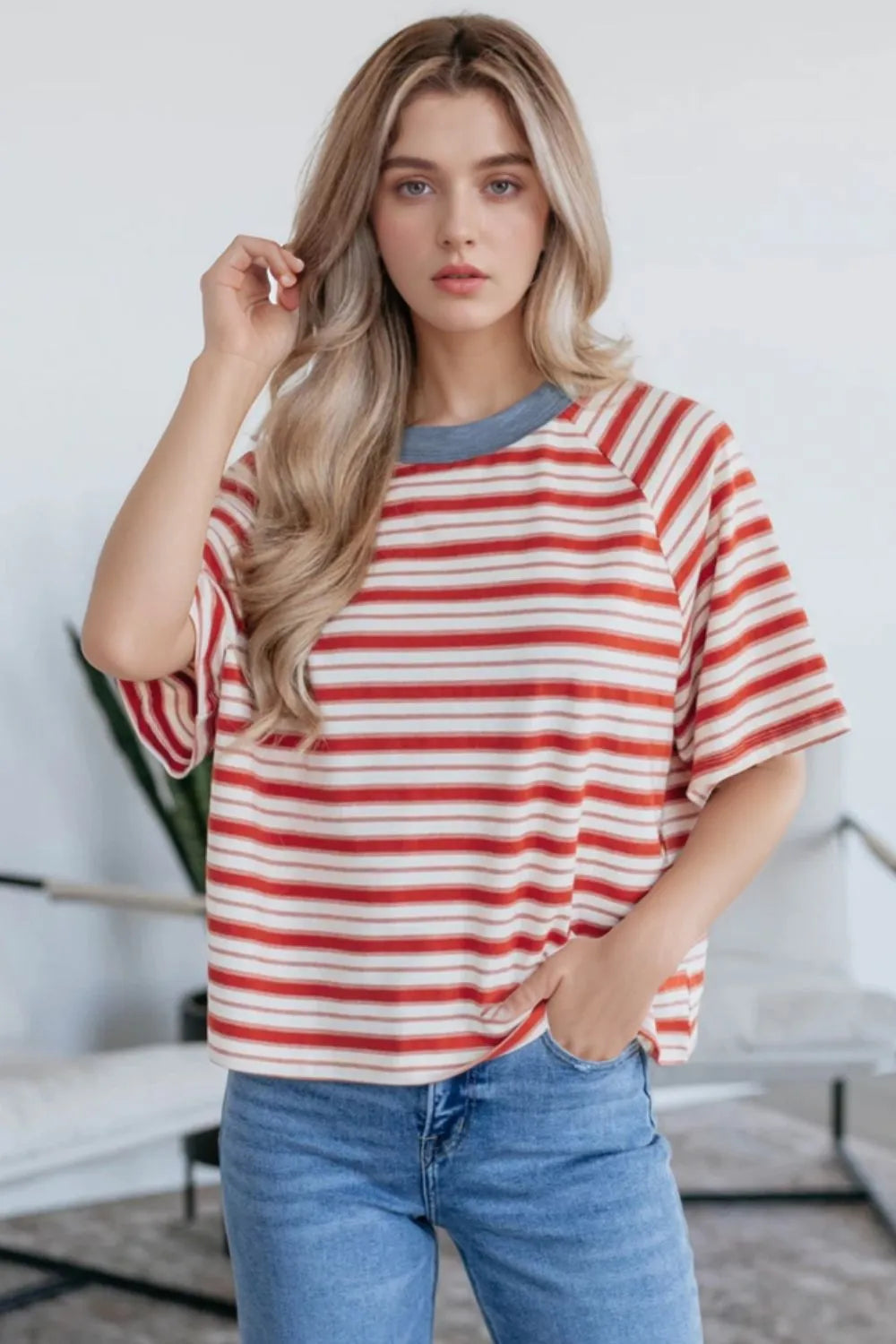 Stripe Print Contrast Collar Raglan Sleeve T Shirt-Nordavory