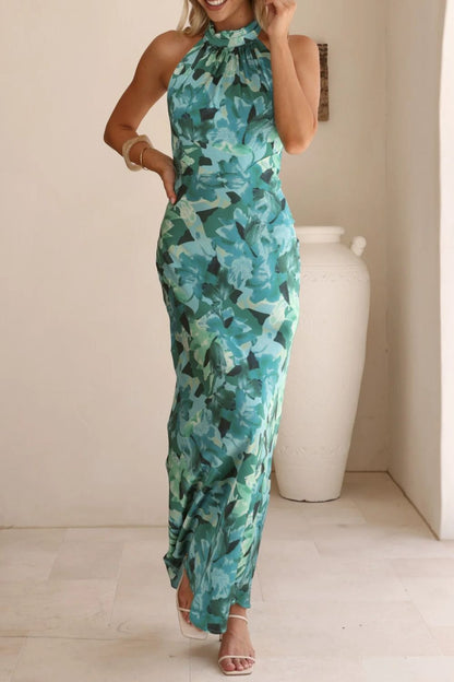 Floral Print Halter Neck Maxi Dress-Nordavory