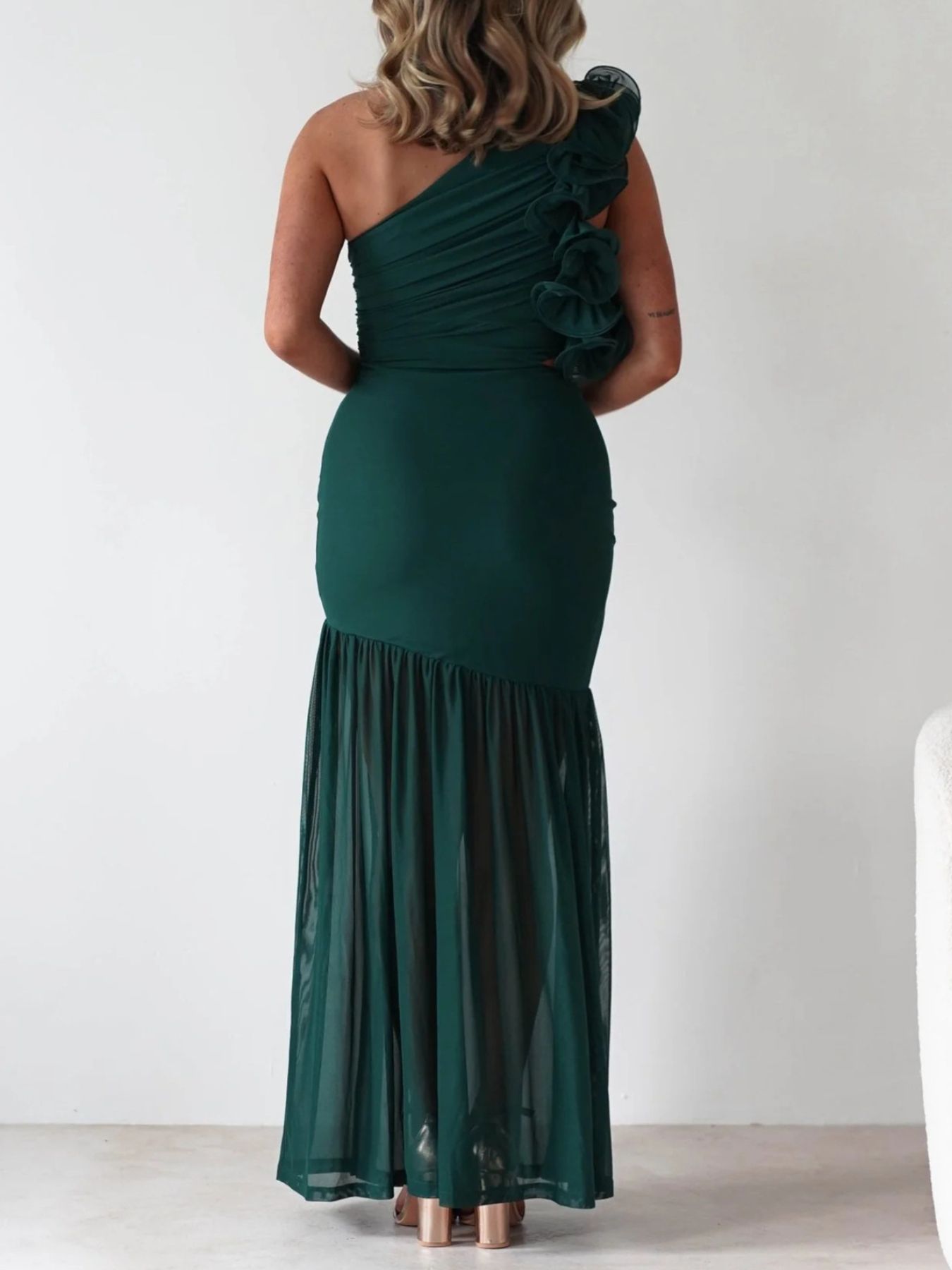 One-Shoulder Ruffle Trim Maxi Dress-Nordavory