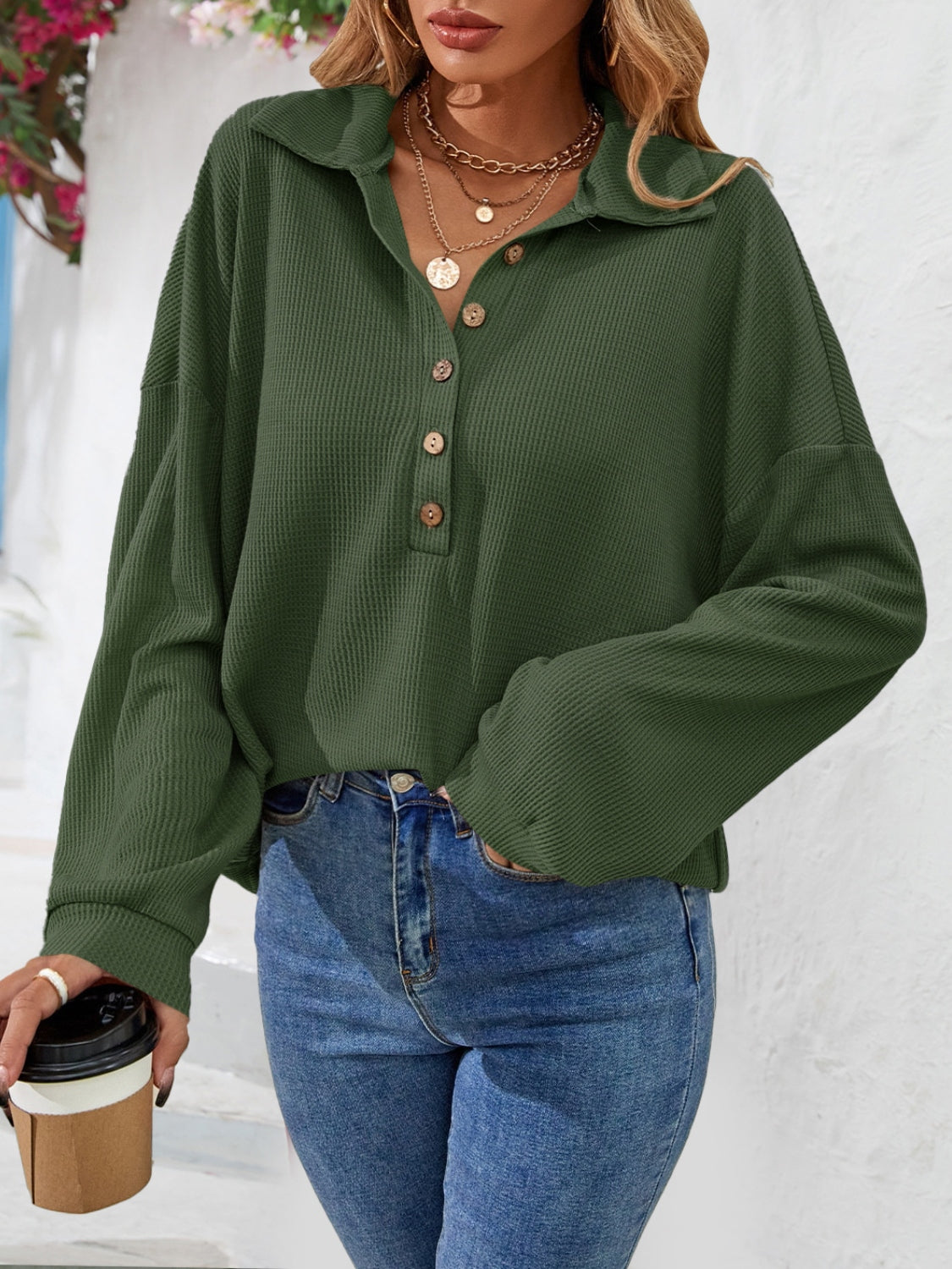 Half Button Collared Neck Long Sleeve Top-Nordavory