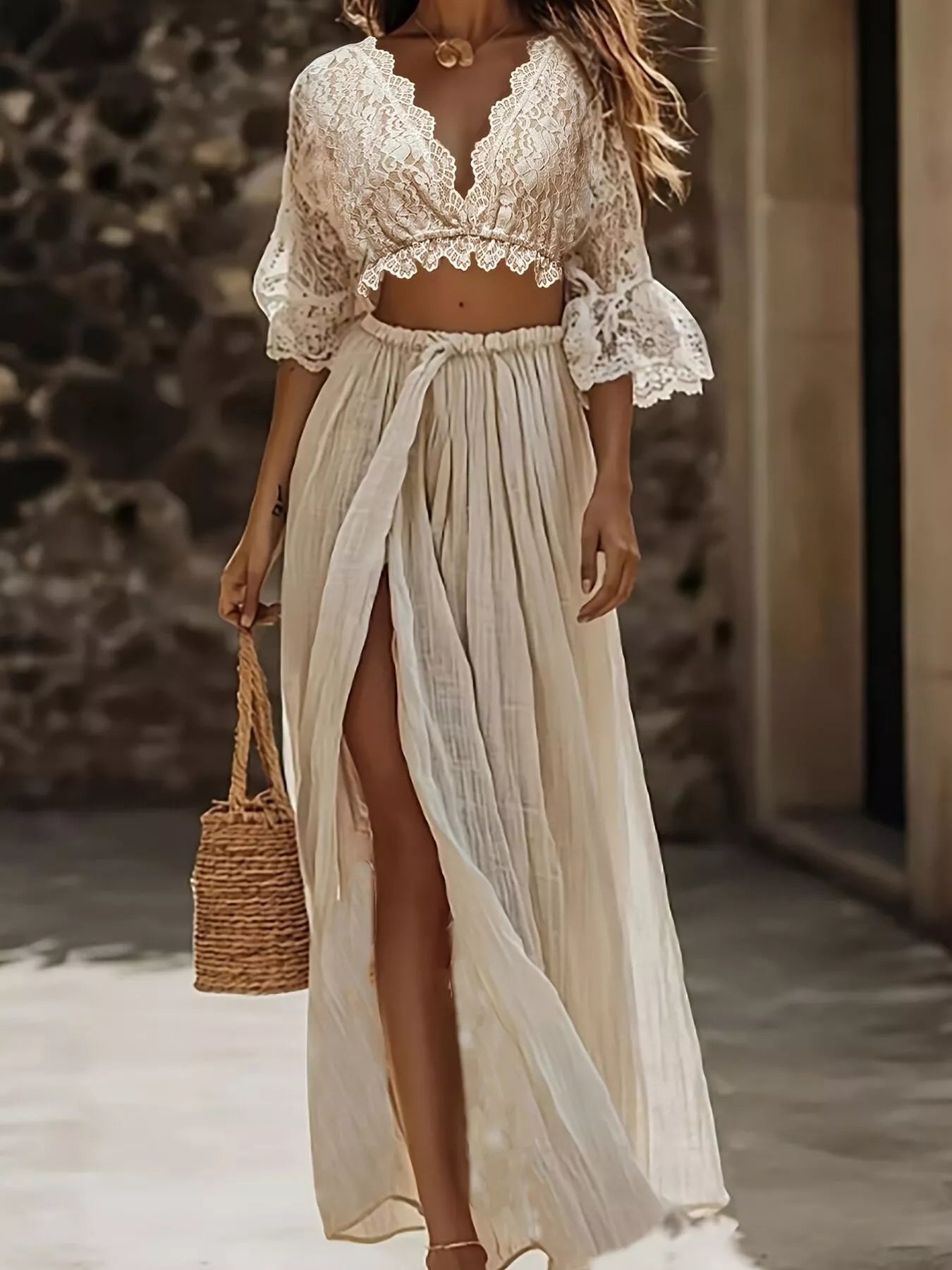 Lace Crop Top and Slit Maxi Skirt Set-Nordavory