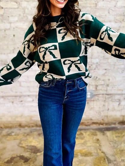 Checkered Bow Round Neck Casual Sweater-Nordavory