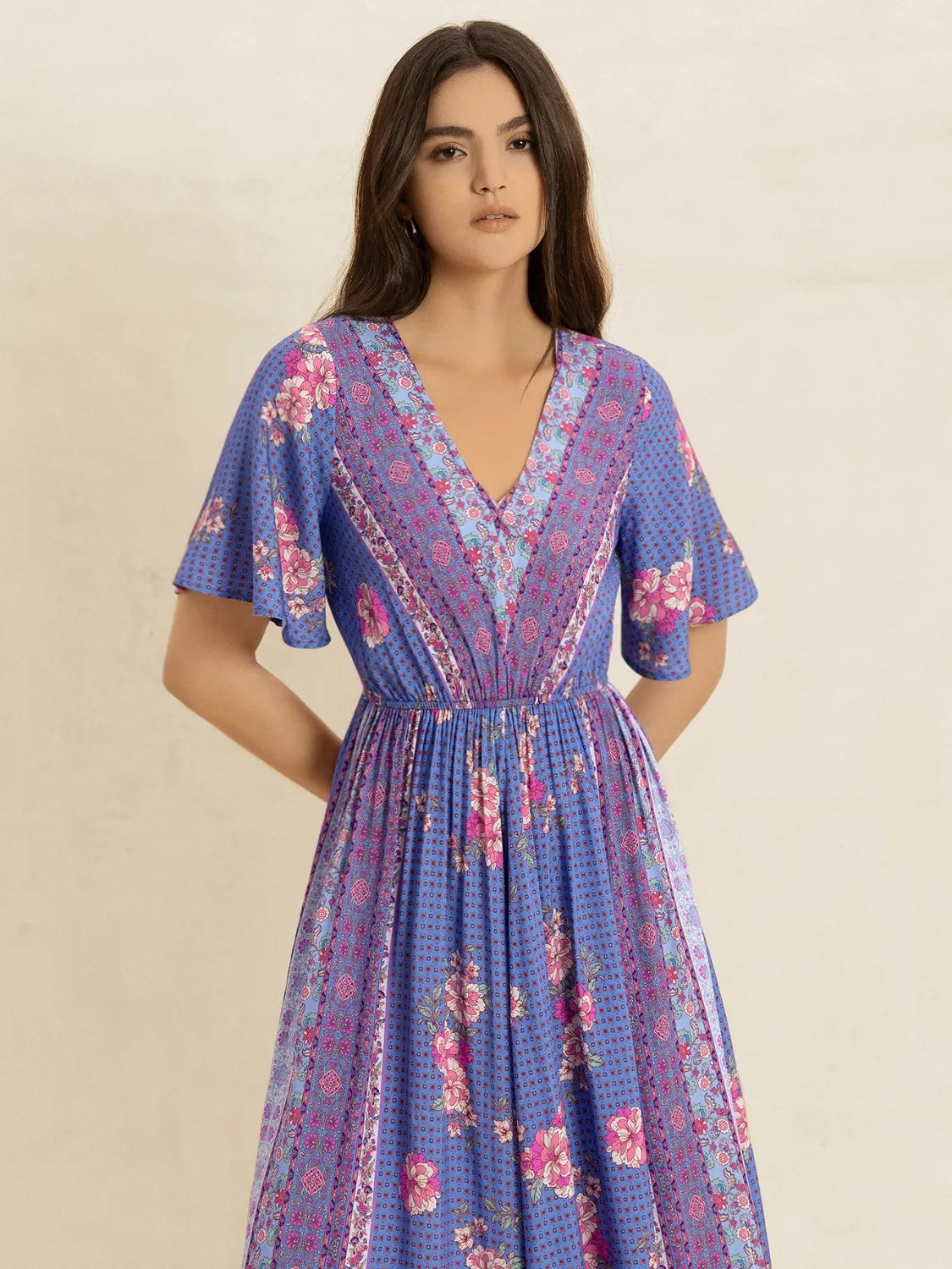 Printed Short Sleeve Midi Dress-Nordavory