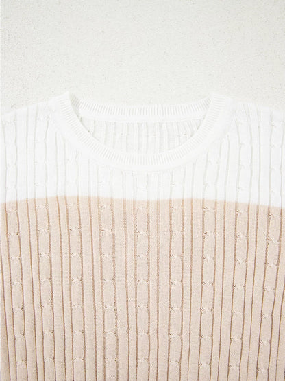 Colorblock Cable Knit Round Neck Sweater-Nordavory
