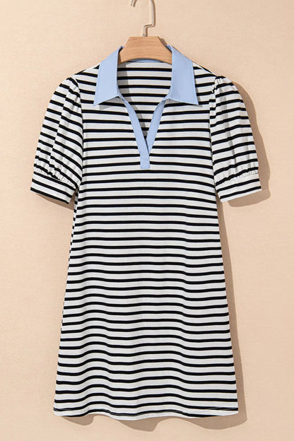 Stripe Contrast V Neck Collared Puff Sleeve T Shirt Mini Dress with Pockets-Nordavory