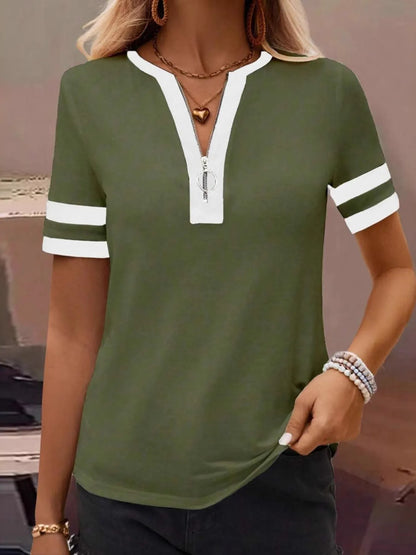 Striped Short Sleeve Half Zip Top-Nordavory