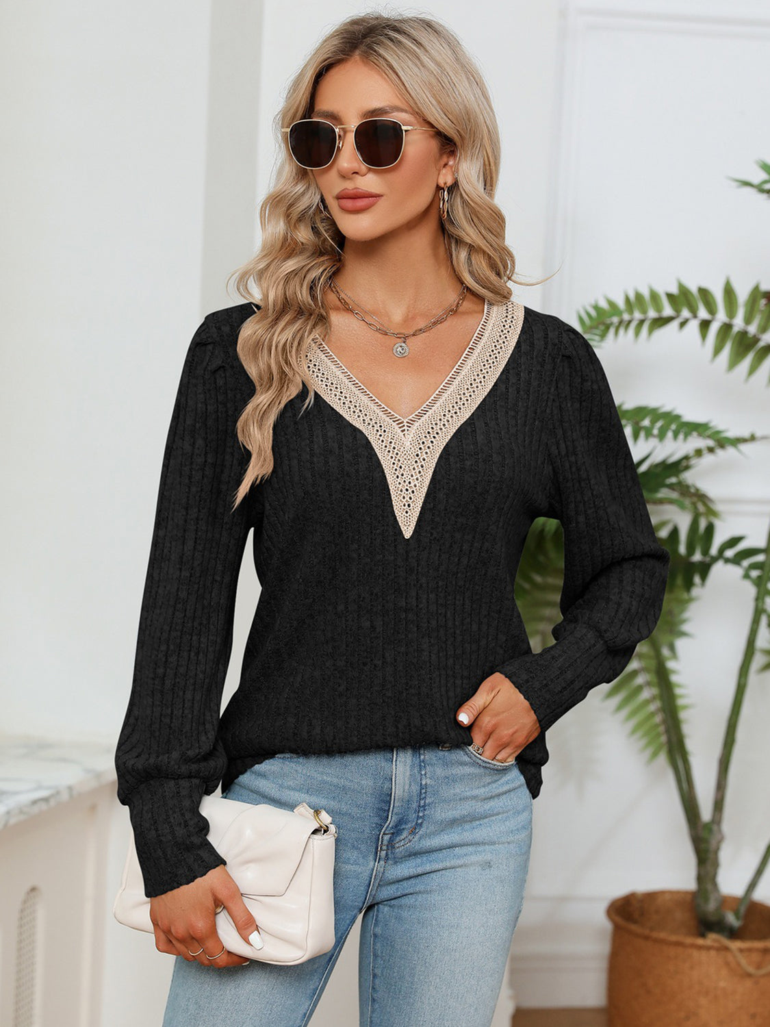 Lace Detail V-Neck Ribbed Blouse-Nordavory