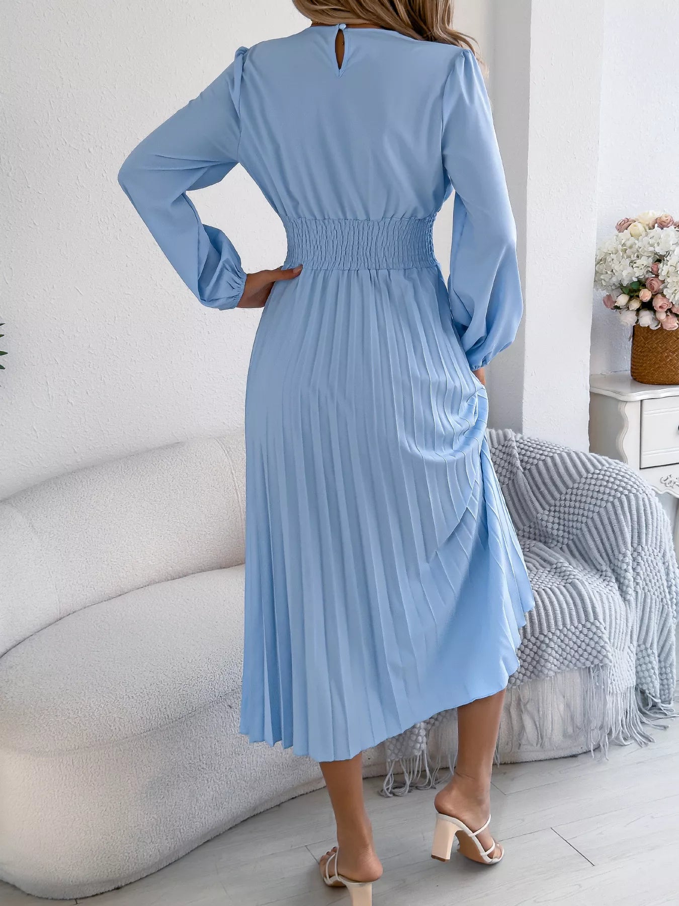 Smocked Pleated Long Sleeve Midi Dress-Nordavory
