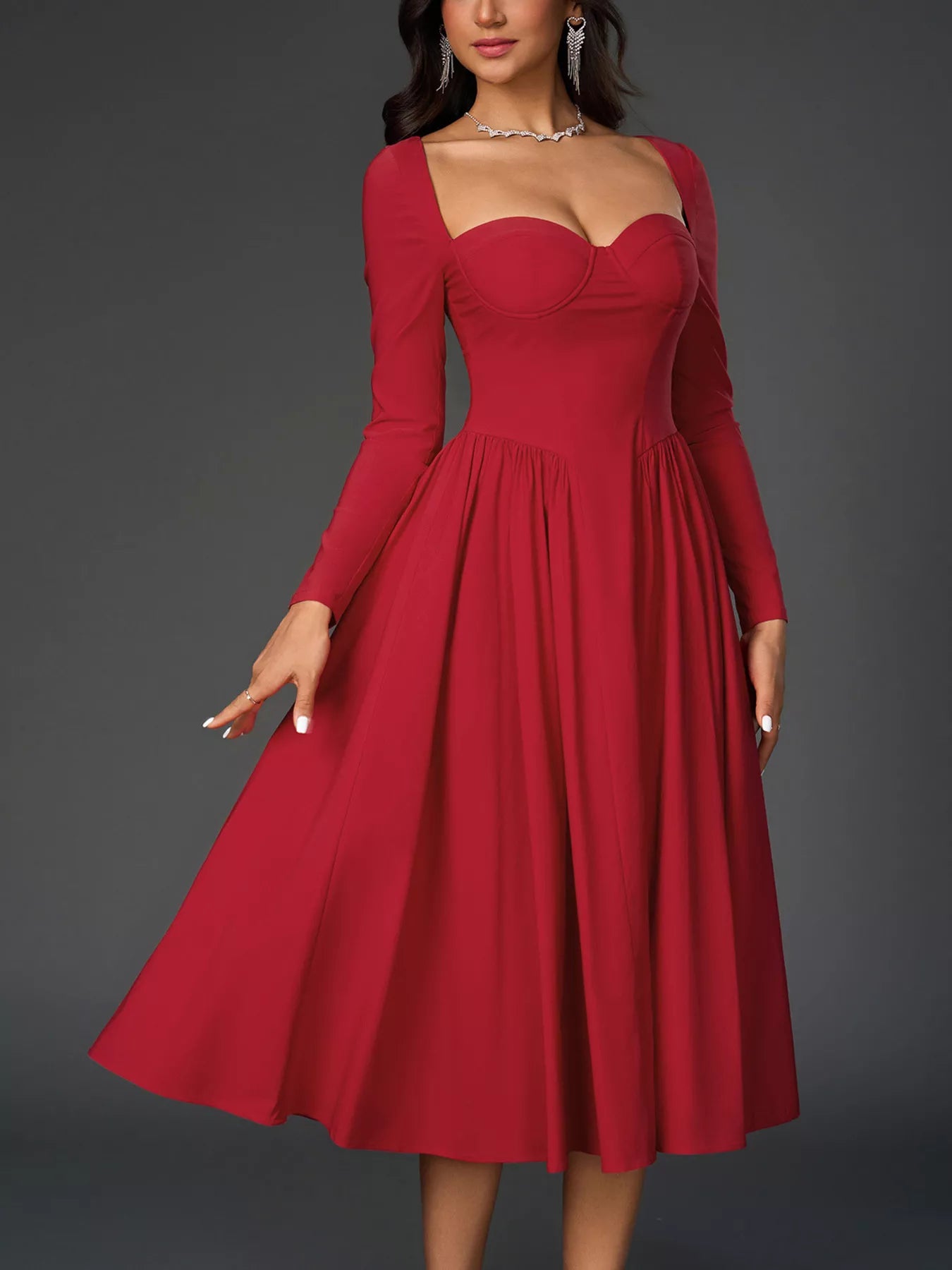 Sweetheart Neckline Long Sleeve A-Line Midi Dress-Nordavory