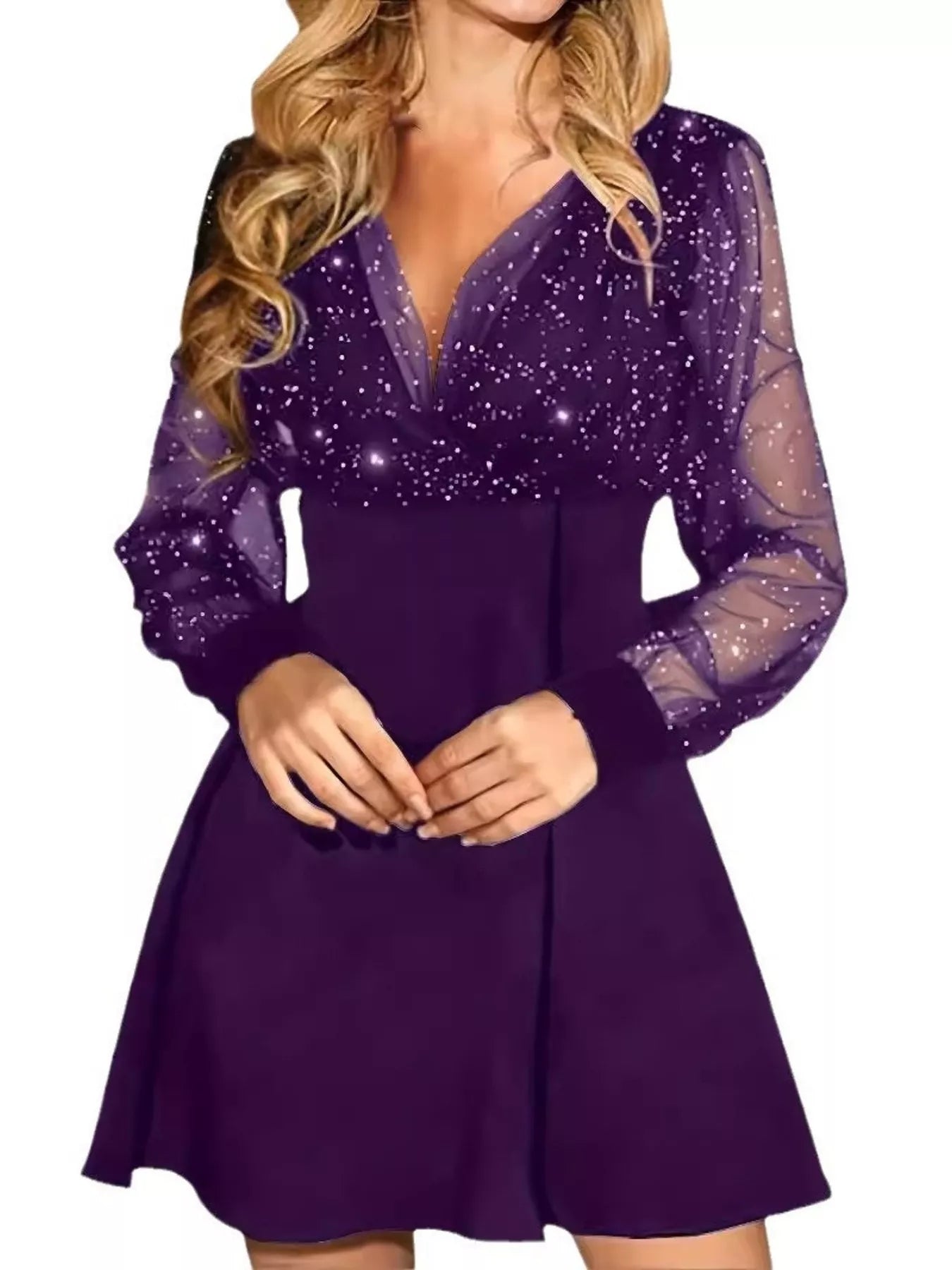 Glitter Mesh Long Sleeve Mini Dress-Nordavory