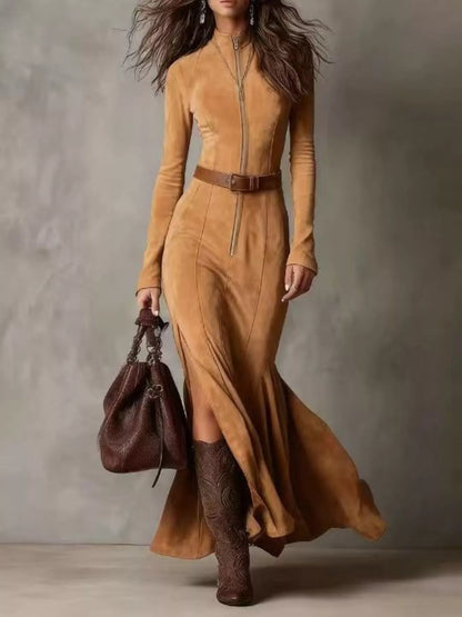 Full Size Slit Zip Front Long Sleeve Dress Plus Size-Nordavory