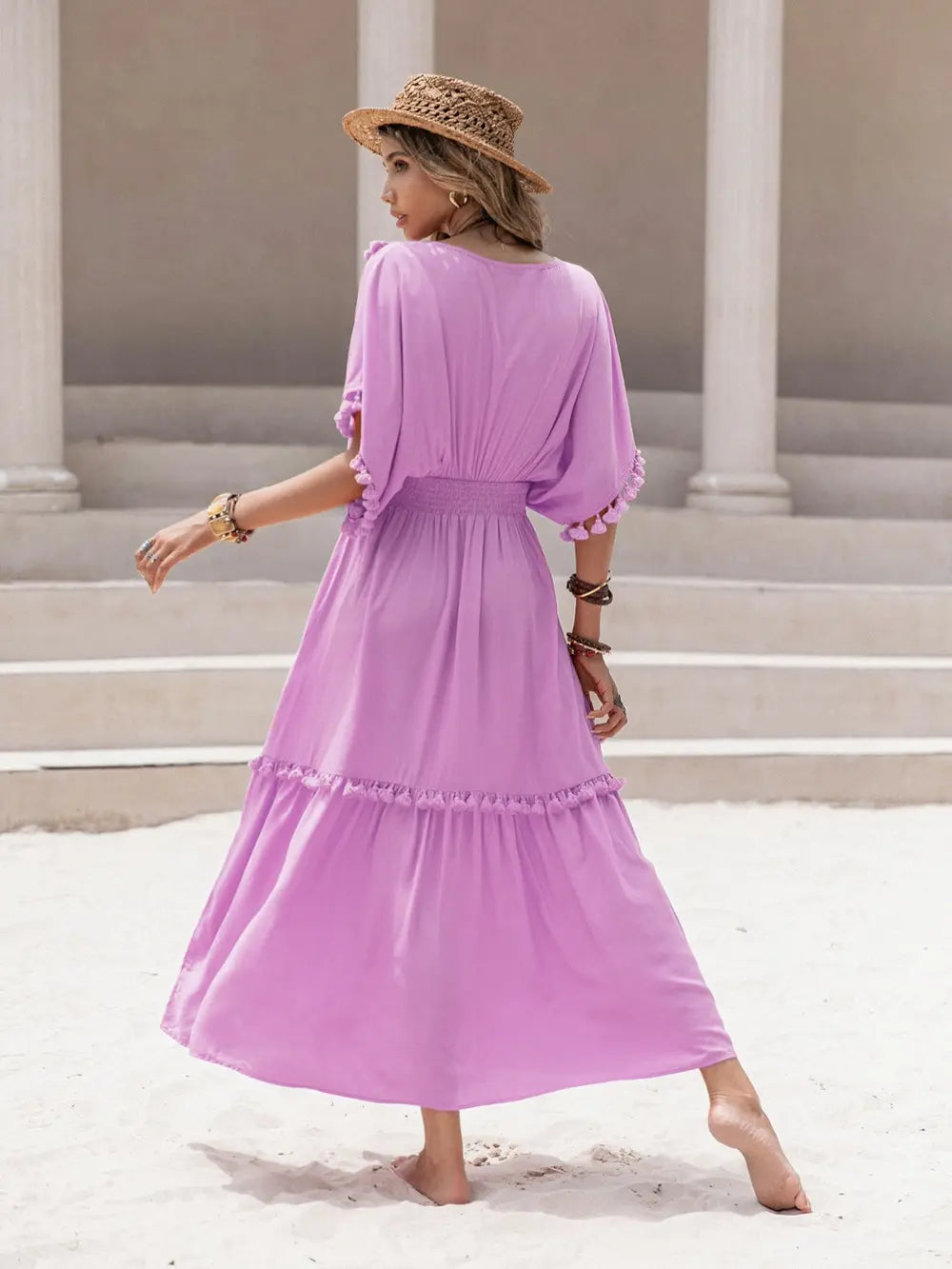 Tassel Trim Smocked V-Neck Short Sleeve Dress-Nordavory