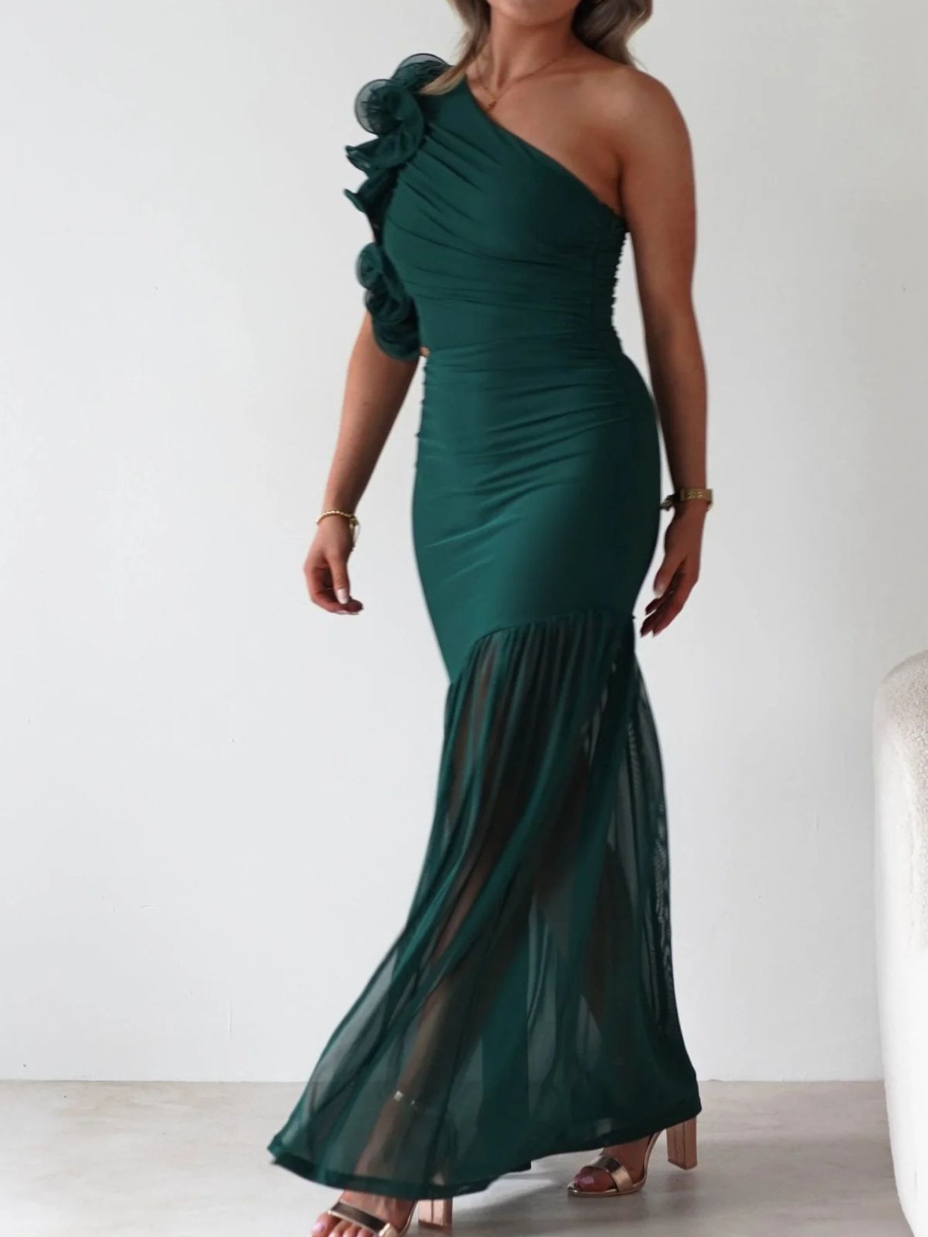 One-Shoulder Ruffle Trim Maxi Dress-Nordavory