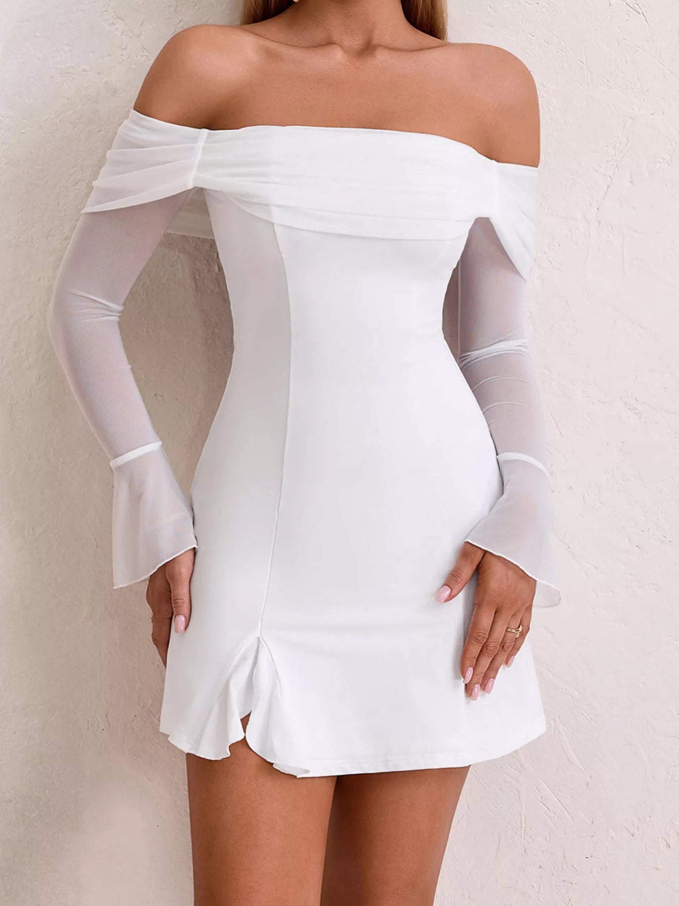 Off-Shoulder Long Sleeve Mini Dress-Nordavory