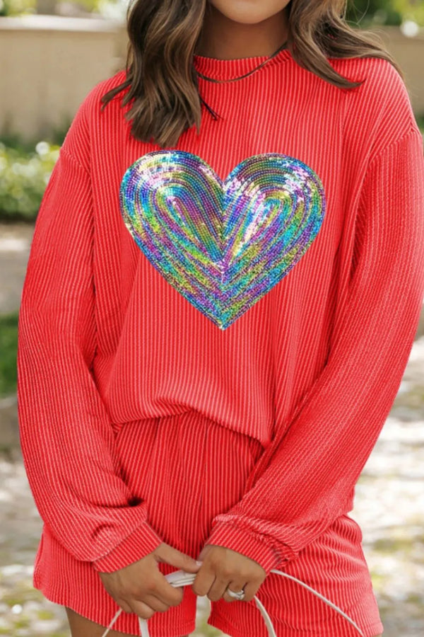 Sequin Heart Round Neck Long Sleeve Top and Shorts Set-Nordavory