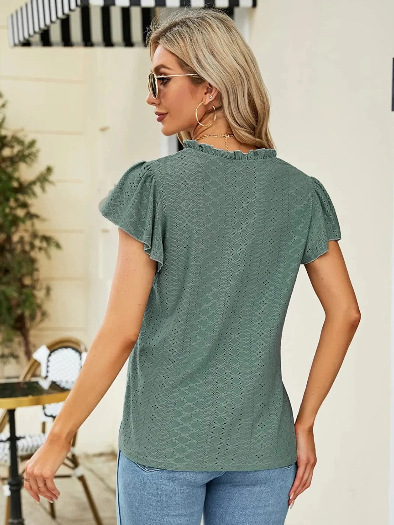 Eyelet Notched Short Sleeve T-Shirt-Nordavory
