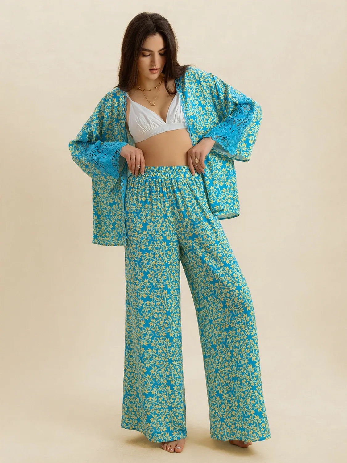 Open Front Printed Top and Pants Set-Nordavory