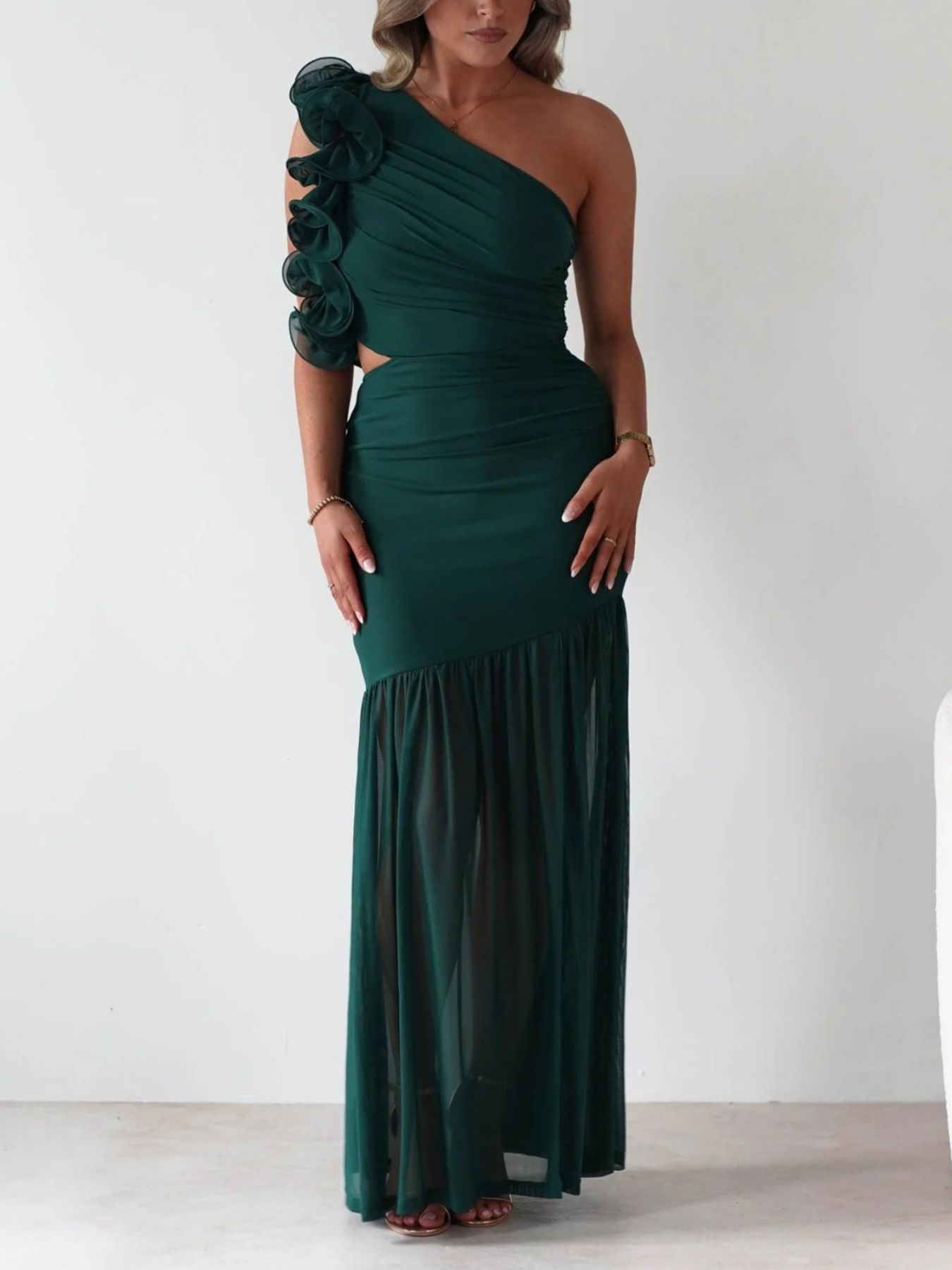One-Shoulder Ruffle Trim Maxi Dress-Nordavory