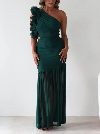 One-Shoulder Ruffle Trim Maxi Dress-Nordavory