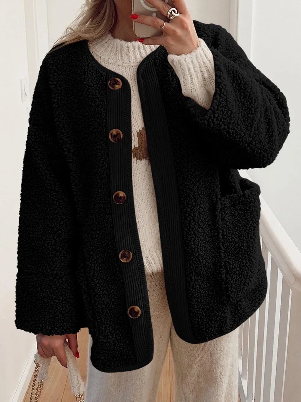 Contrast Button Up Sherpa Jacket with Pockets-Nordavory