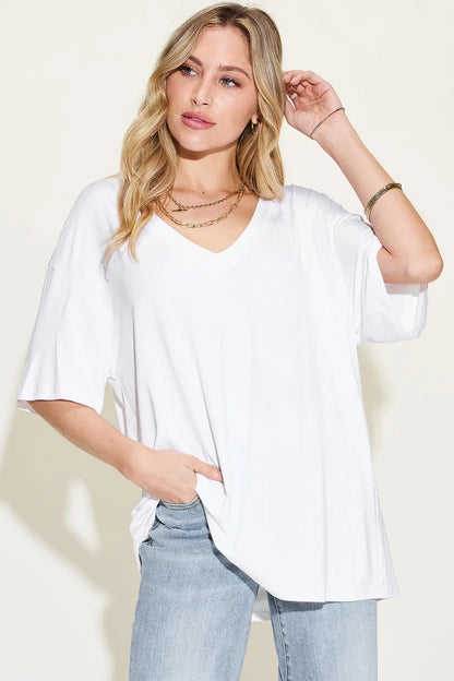 Basic Bae Full Size Bamboo V-Neck Drop Shoulder T-Shirt-Nordavory