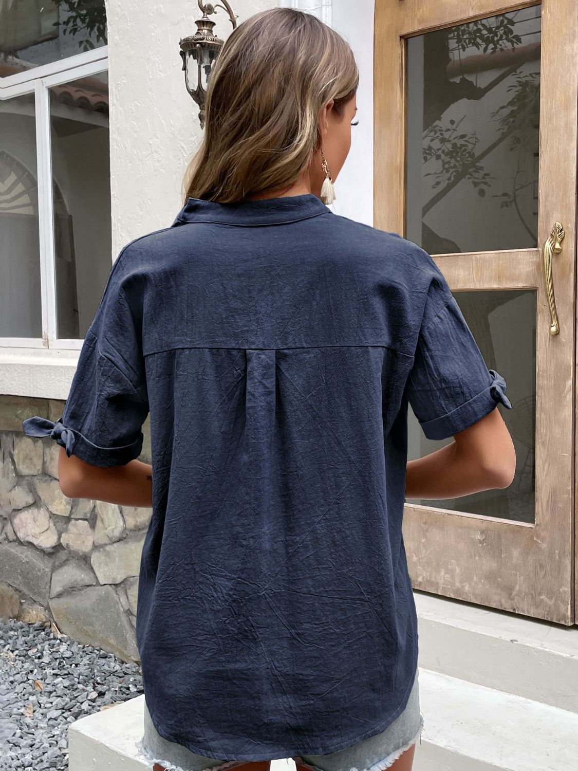 Perfee Buttoned Notched Neck Cuffed Sleeve Blouse-Nordavory