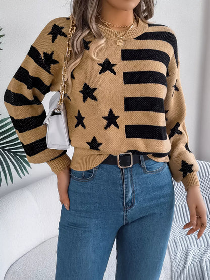 Stars and Stripes Pattern Casual Round Neck Sweater-Nordavory