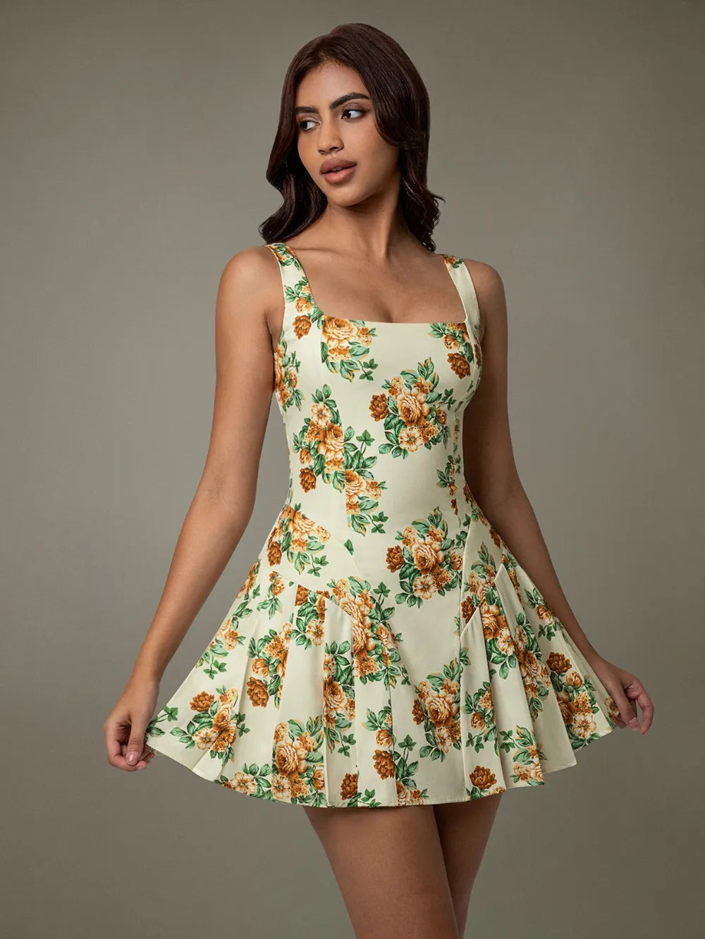 Floral Sleeveless Mini Pleated Dress-Nordavory