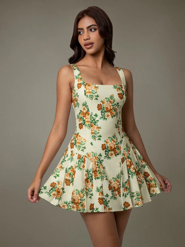 Floral Sleeveless Mini Pleated Dress-Nordavory