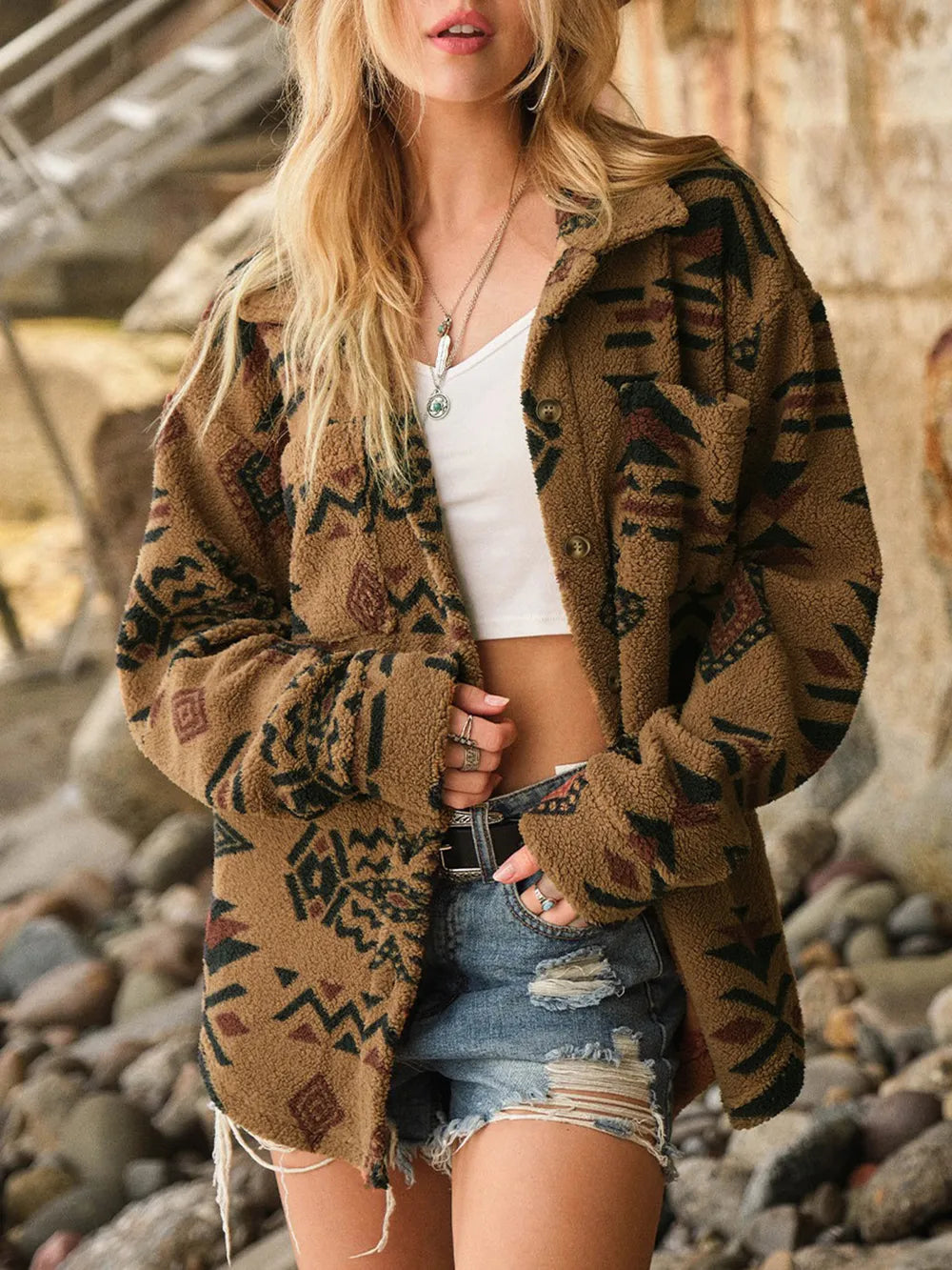 Geometric Button Up Long Sleeve Sherpa Jacket-Nordavory