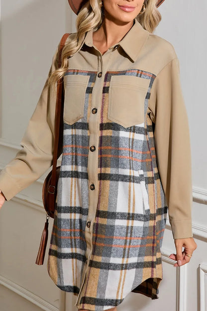 Pocketed Plaid Long Sleeve Mini Shirt Dress-Nordavory