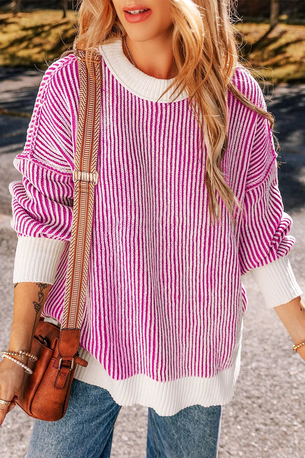Striped Textured Knit Contrast Edge Loose Sweater-Nordavory