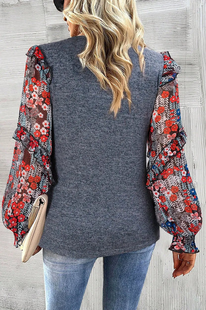Heathered Floral Frill Lantern Sleeve Blouse-Nordavory