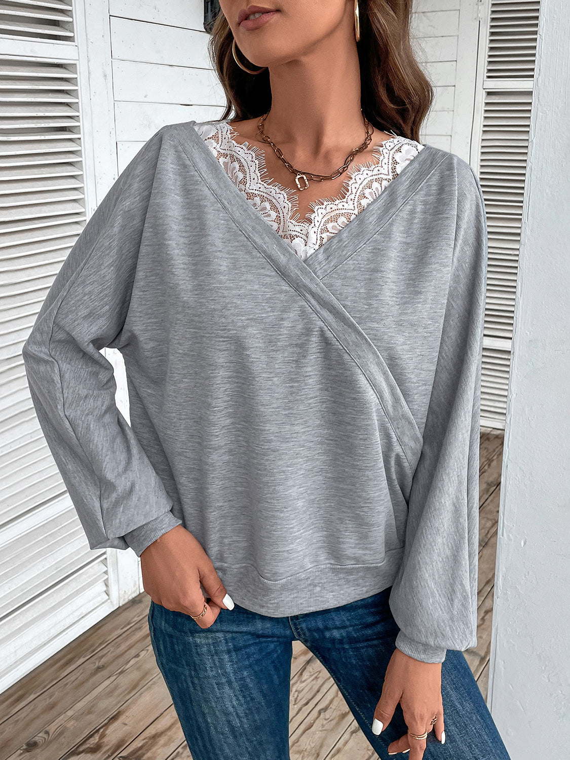 Perfee Lace Detail Long Sleeve Top-Nordavory