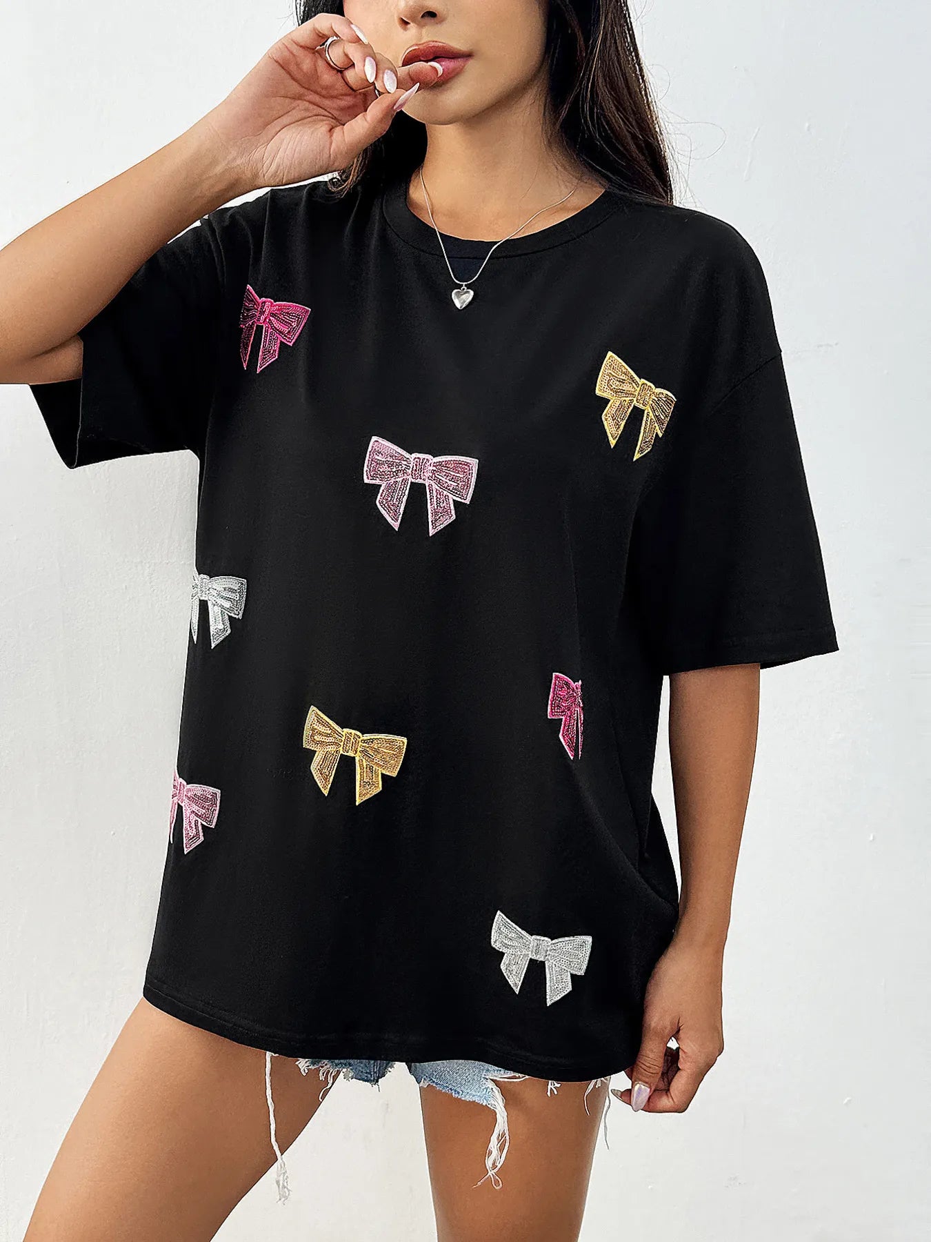 Sequin Bow Round Neck Short Sleeve T-Shirt-Nordavory