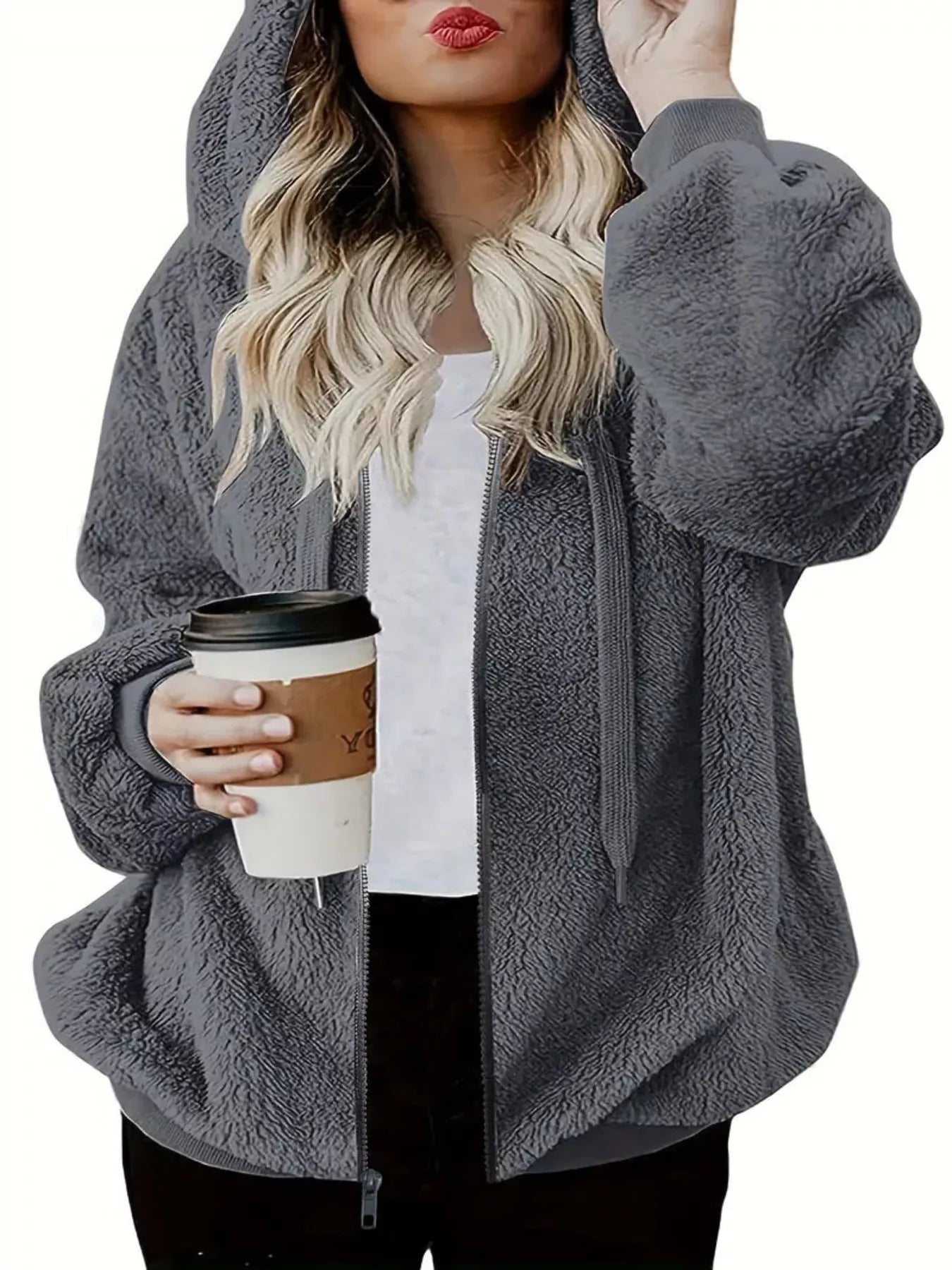 Fleece Zip-Up Drawstring Outerwear-Nordavory