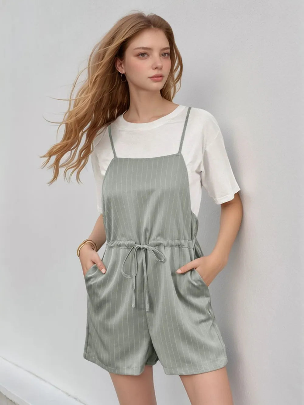 Perfee Drawstring Waist Striped Overalls with Pockets-Nordavory