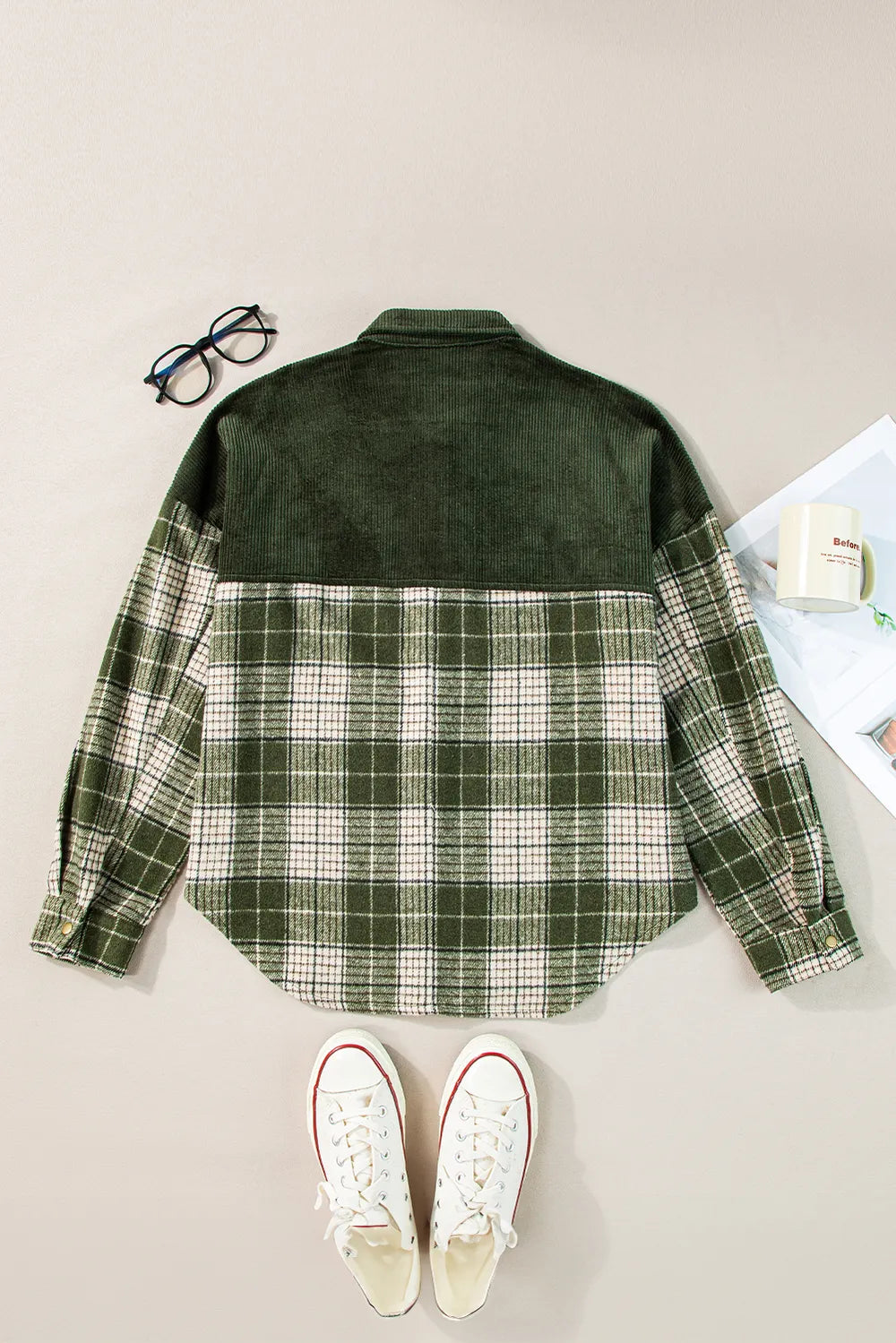 Snap Down Collared Neck Plaid Shacket-Nordavory