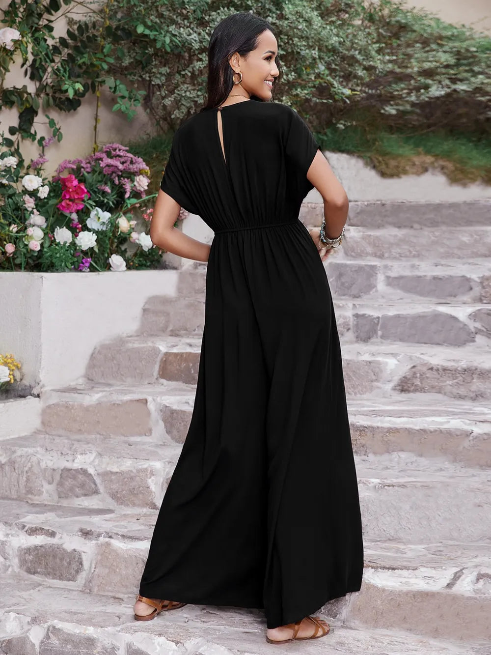Embroidered Ruched Short Sleeve Jumpsuit-Nordavory