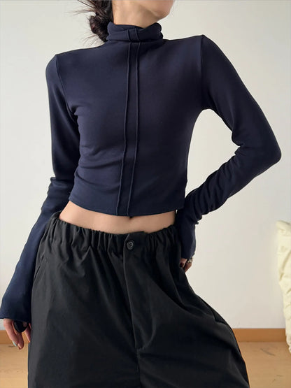 High Neck Long Sleeve Cropped T-Shirt-Nordavory