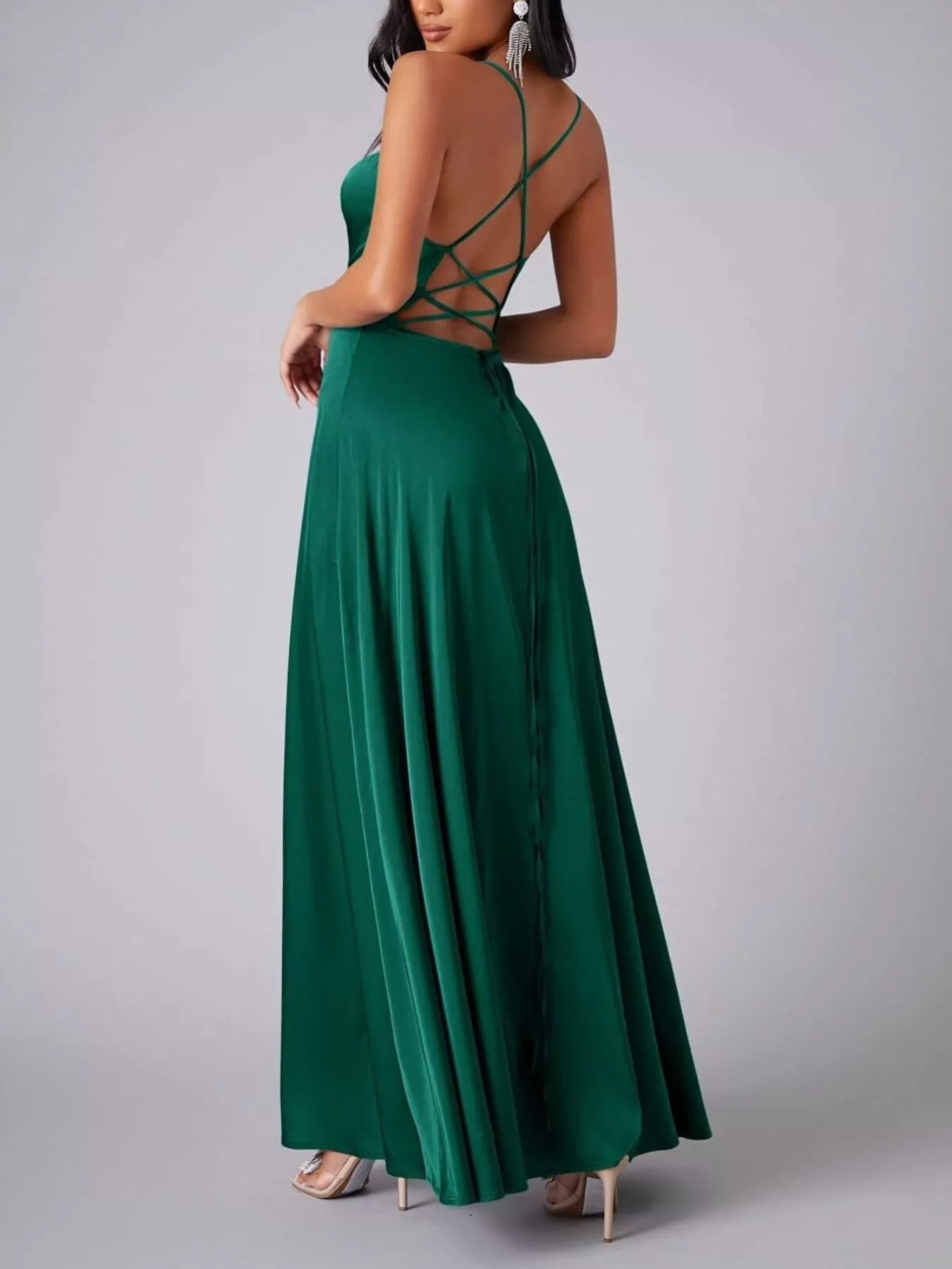 Lace Up Back Split Maxi Dress-Nordavory