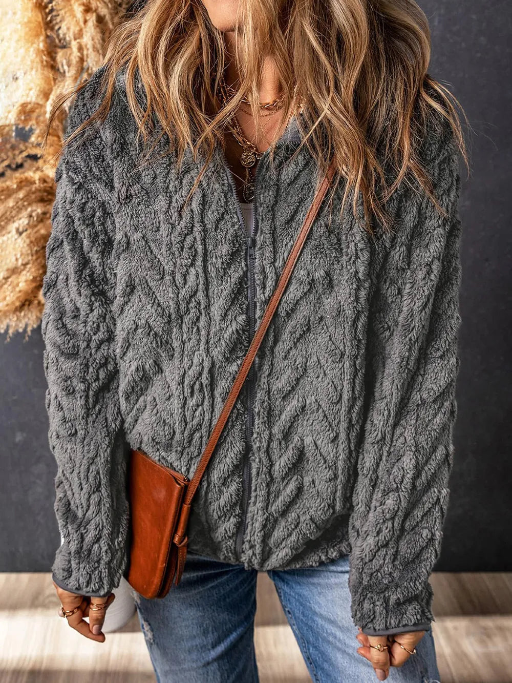 Fuzzy Zip Up Long Sleeve Jacket-Nordavory