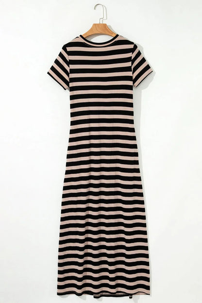 Stripe Casual Round Neck Tee Dress with Pockets-Nordavory