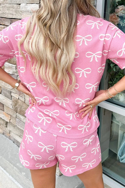 Bowknot Printed Notched T-Shirt and Shorts Set-Nordavory