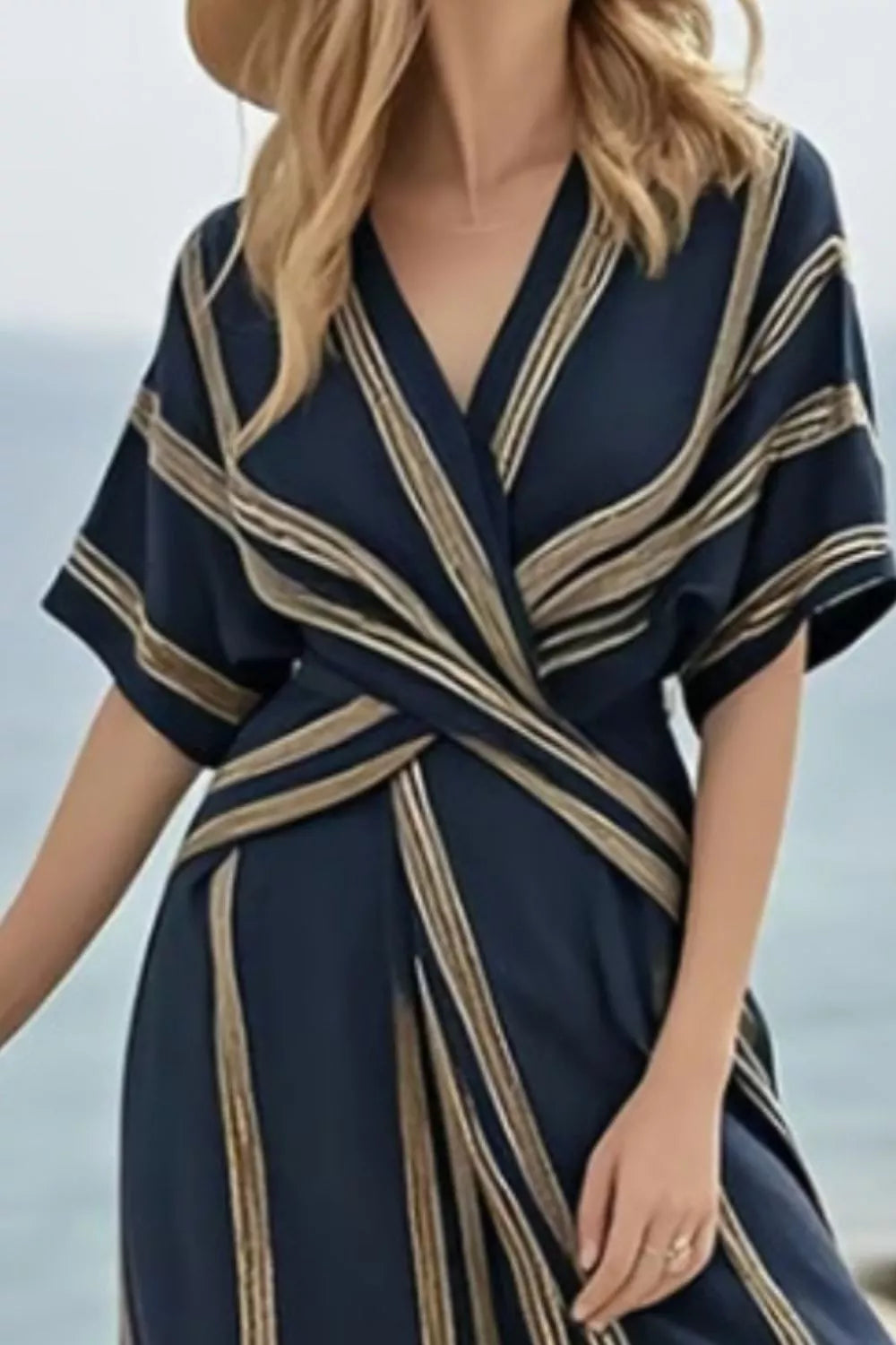 Striped Wrap Half Sleeve Maxi Dress-Nordavory