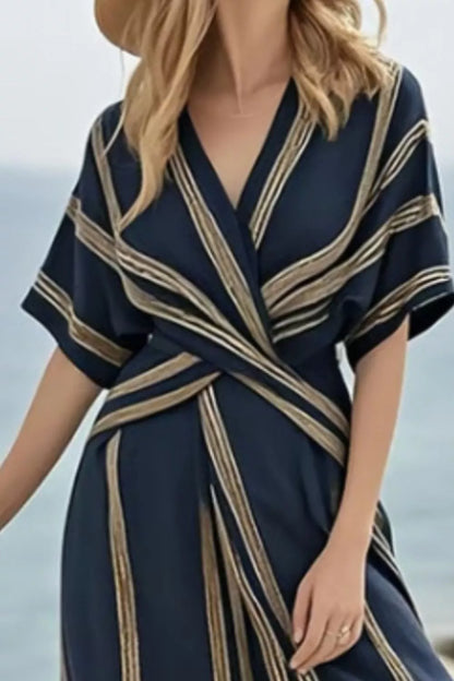 Striped Wrap Half Sleeve Maxi Dress-Nordavory